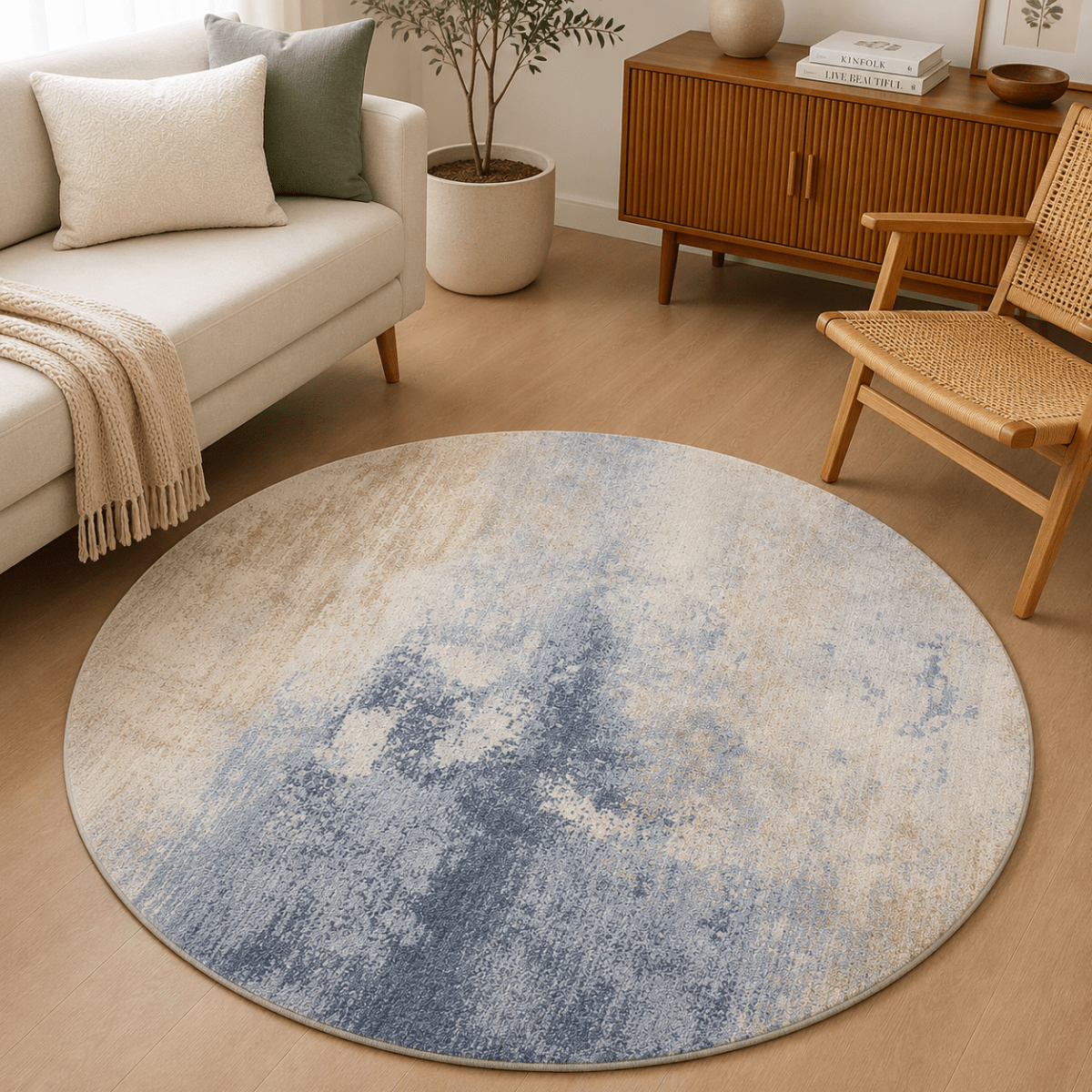Blue Gold Cascade Round Carpet | Polyfibre Cashmere - The Carpetier™