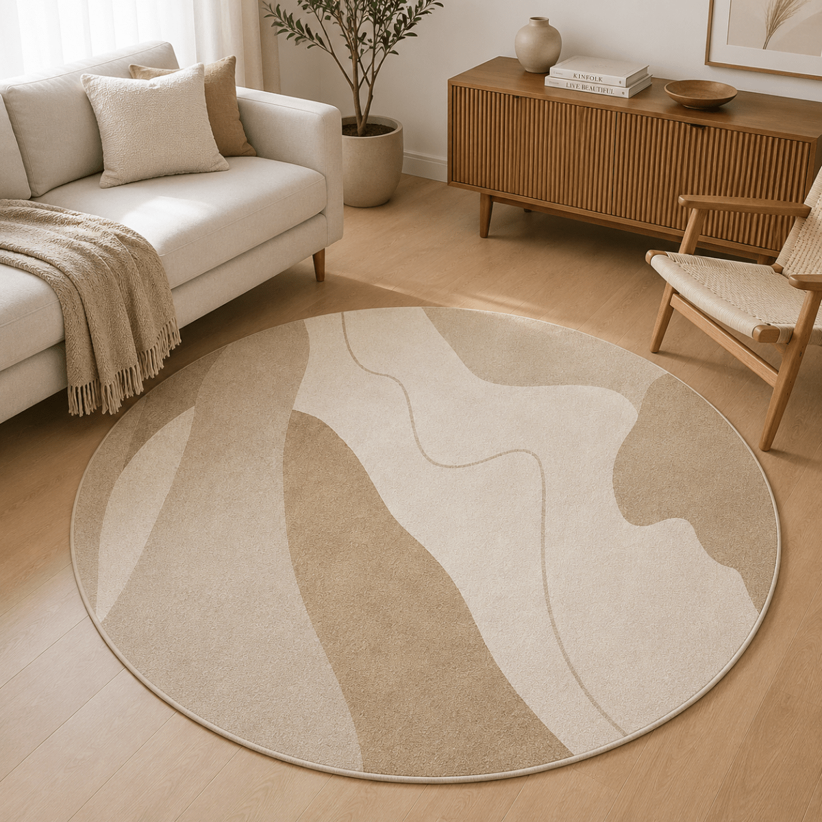 Sandstone Waves Round Carpet | Polyfibre Cashmere - The Carpetier™