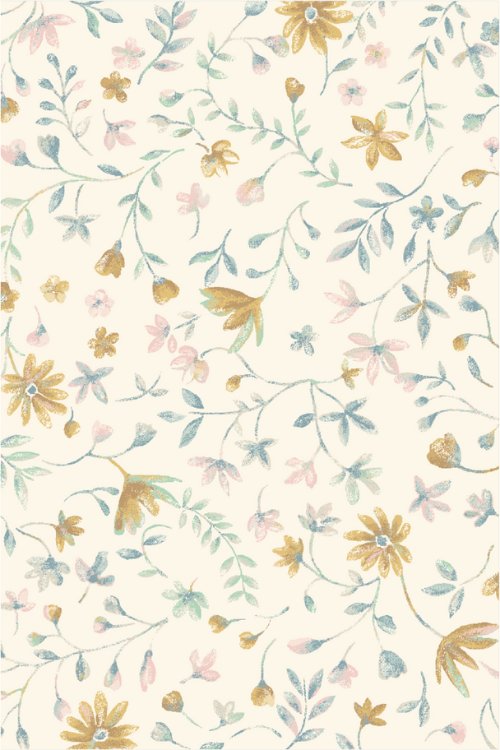 A soft floral carpet featuring shades of blue, pink, and mustard, creating a delicate pattern ideal for any room.