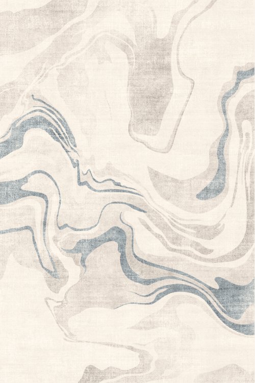 A marble-inspired rug design with swirling waves of light blue, grey, and beige tones, evoking a fluid, abstract pattern.