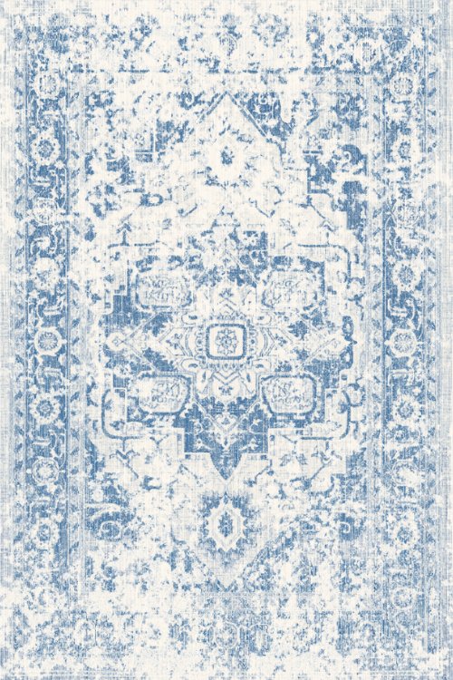 A vintage-inspired rug featuring a pattern in faded blue and white, showcasing geometric designs with a weathered effect.