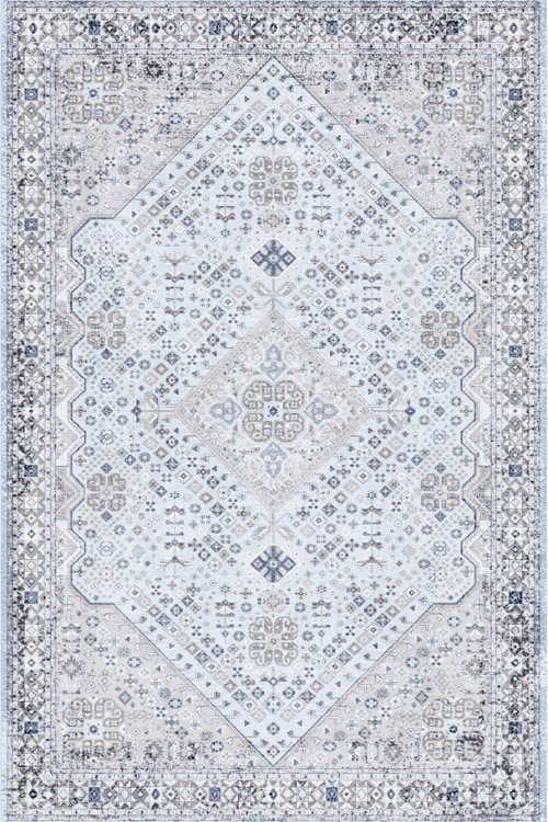 An blue and white Persian-style carpet featuring a central medallion pattern, perfect for adding elegance to any room.