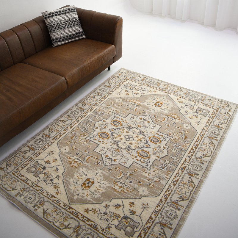 A Persian-style rug with beige and gold patterns, paired with a sofa. This design adds warmth to the modern living space.