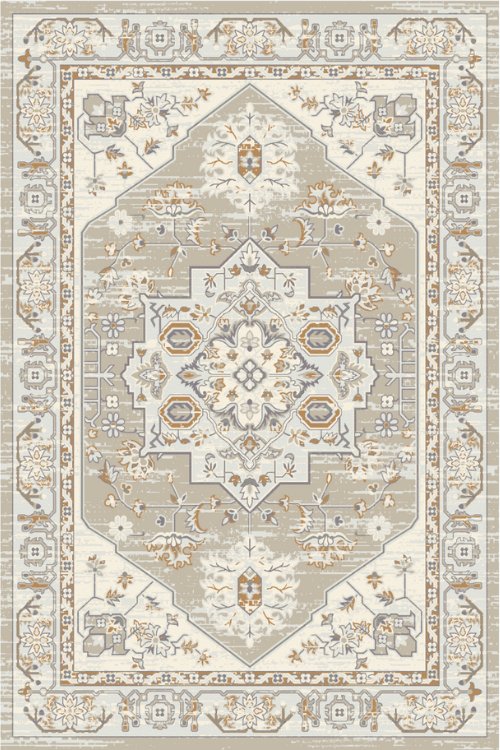 A Persian-style rug featuring floral and geometric patterns in soft beige and gold tones, adding sophistication to any room.