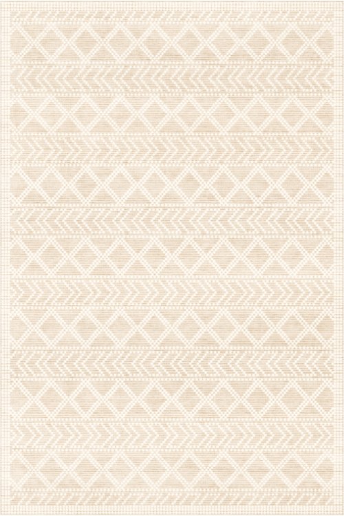 Cream carpet with intricate geometric patterns, featuring diamonds and chevrons in a textured, monochromatic design.