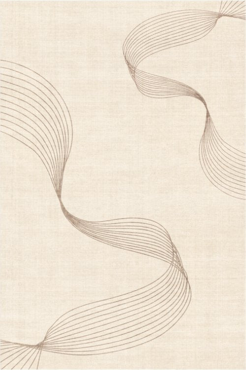 A rug design with curved brown lines on a beige background creates a sense of movement and sophistication.
