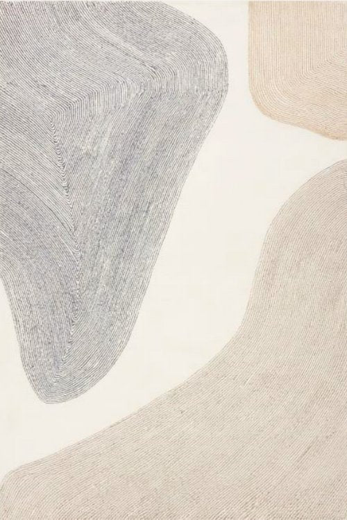 An abstract carpet design featuring soft curves in shades of gray and beige, creating a modern aesthetic for any space.