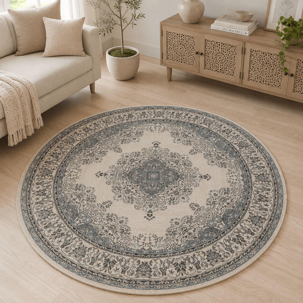 Blueveil Medallion Round Carpet | Polyfibre Cashmere - The Carpetier™