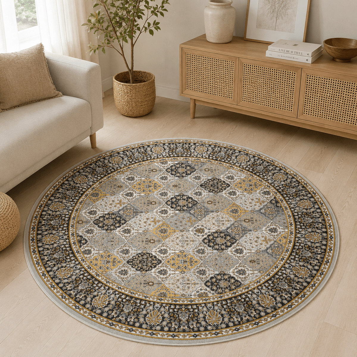Golden Mosaic Round Carpet | Polyfibre Cashmere - The Carpetier™