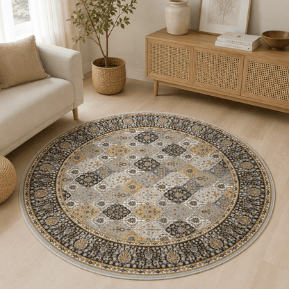 Golden Mosaic Round Carpet | Polyfibre Cashmere - The Carpetier™
