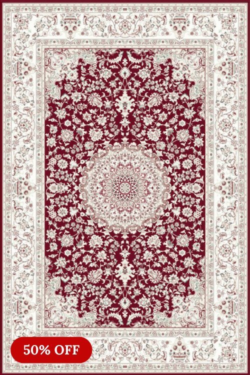 This timeless burgundy and cream Persian-style carpet with intricate floral patterns brings elegance to any room.