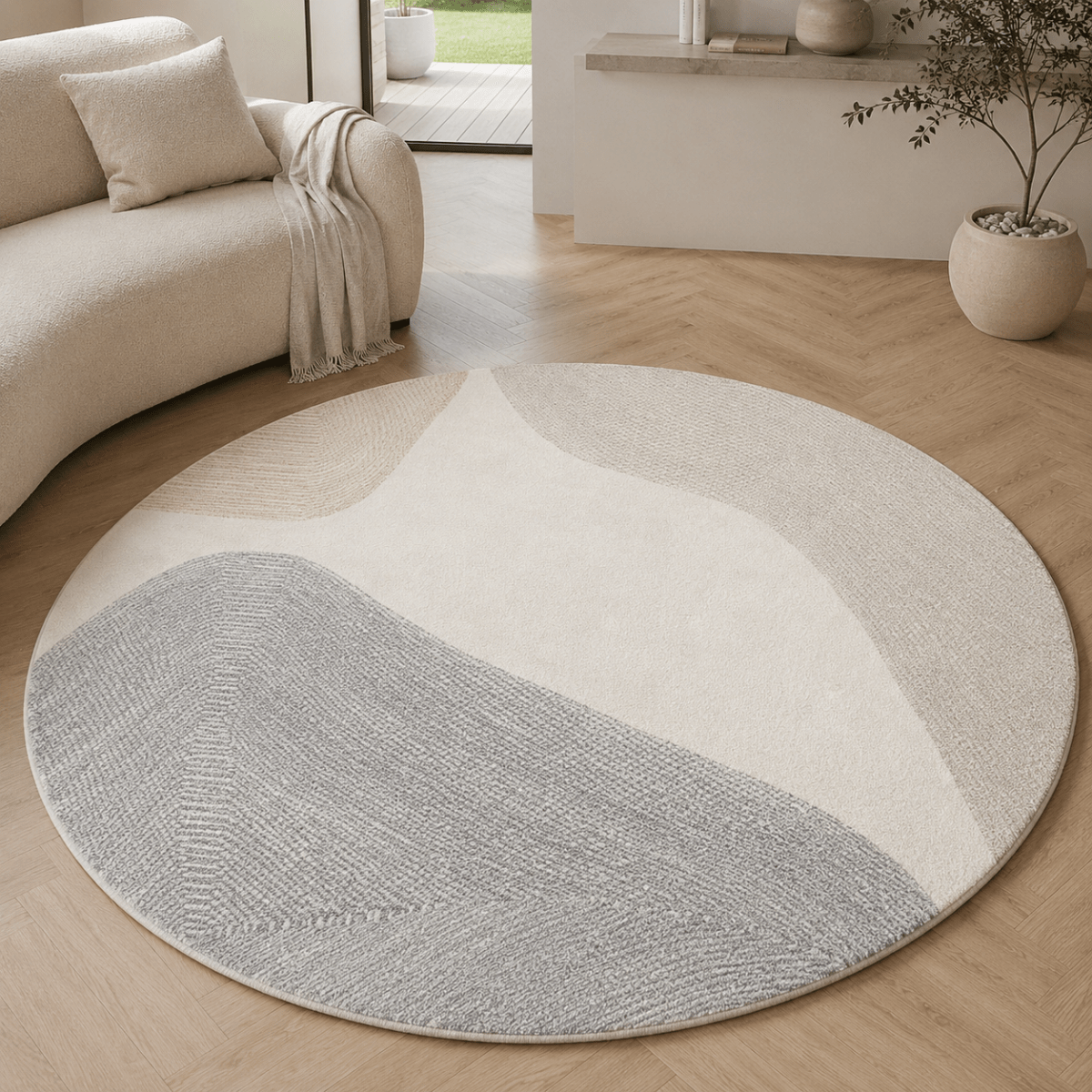 Sandy Grey Shores Round Carpet | Polyfibre Cashmere - The Carpetier™
