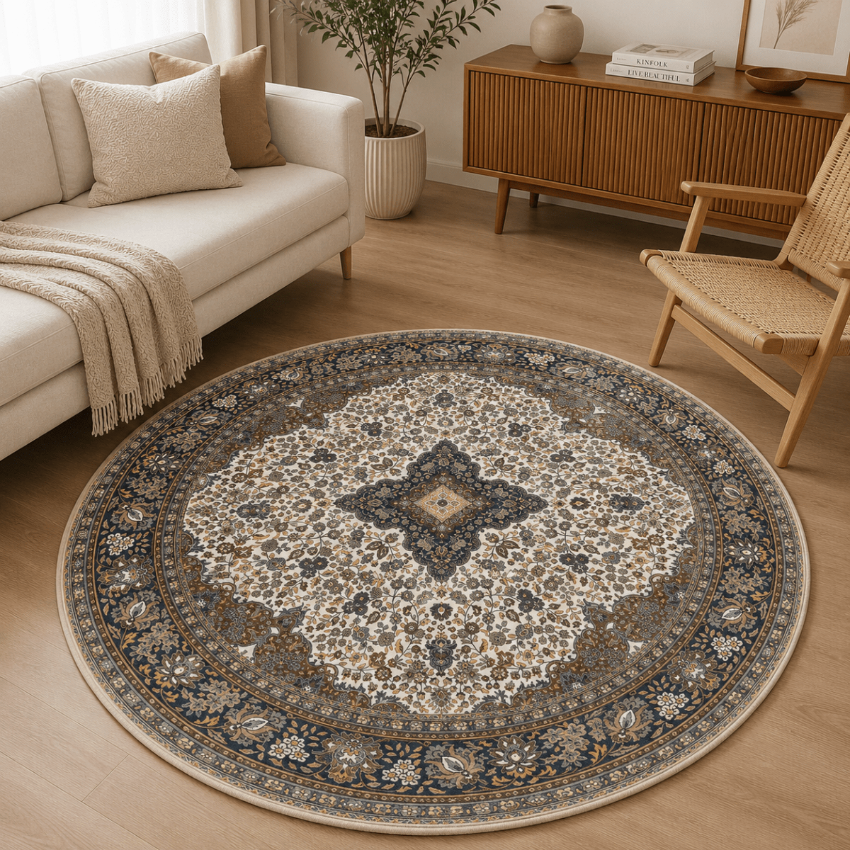White Gold Medallion Round Carpet | Polyfibre Cashmere - The Carpetier™