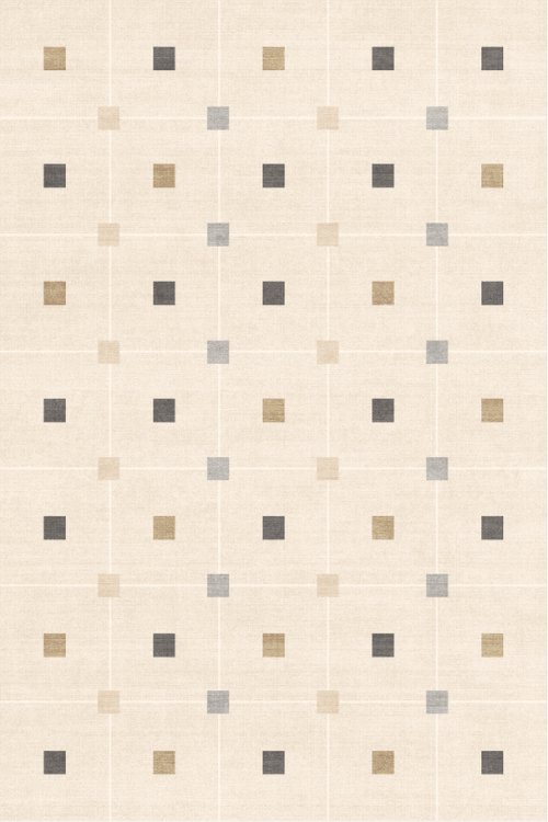 This elegant  rug showcases a minimalist design in neutral tones of beige, grey, and tan on a soft cream background.