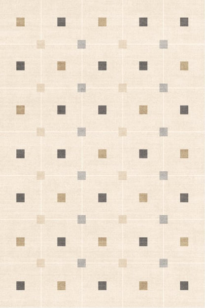 This elegant  rug showcases a minimalist design in neutral tones of beige, grey, and tan on a soft cream background.