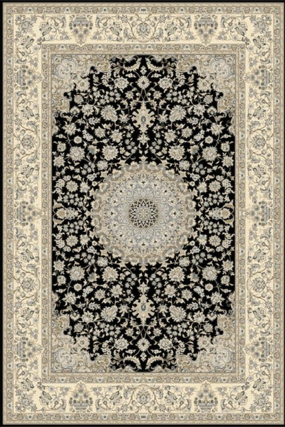 Elevate your space with luxurious black and gold Persian-inspired carpet, featuring floral patterns for timeless elegance.