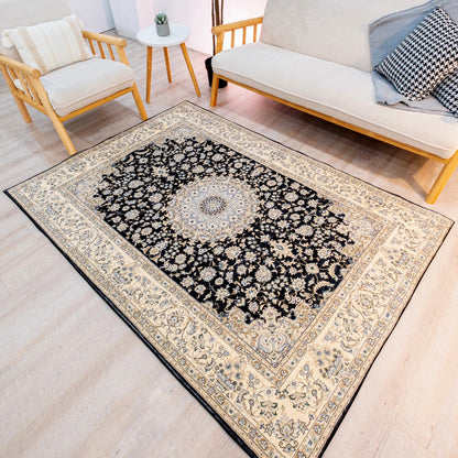 Elevate your space with luxurious black and gold Persian-inspired carpet, featuring floral patterns for timeless elegance.