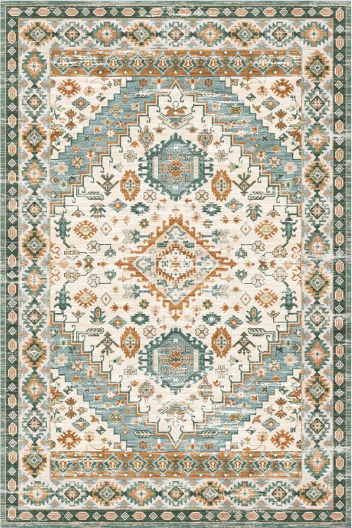 A rug featuring intricate geometric patterns in teal and beige tones. This rug brings a traditional charm to any space.