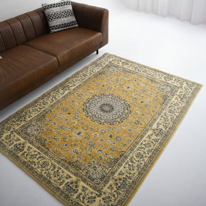 This mustard yellow and cream Persian-style carpet is the perfect choice for timeless elegance.