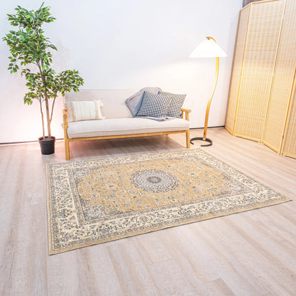 This mustard yellow and cream Persian-style carpet is the perfect choice for timeless elegance.