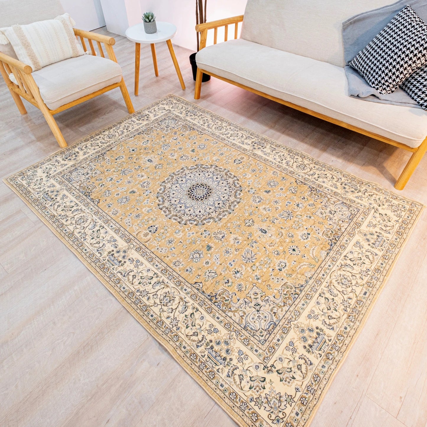 This mustard yellow and cream Persian-style carpet is the perfect choice for timeless elegance.