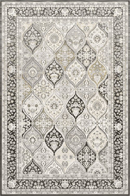 Elevate your space with this black and grey carpet, featuring an ornate floral design that adds timeless charm to any room.