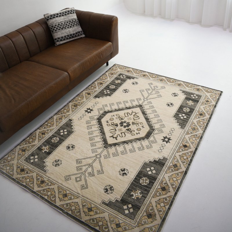 This neutral-toned carpet with a striking geometric design adds character and warmth to any modern or rustic space.