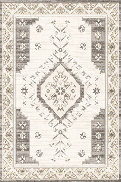 This neutral-toned carpet with a striking geometric design adds character and warmth to any modern or rustic space.