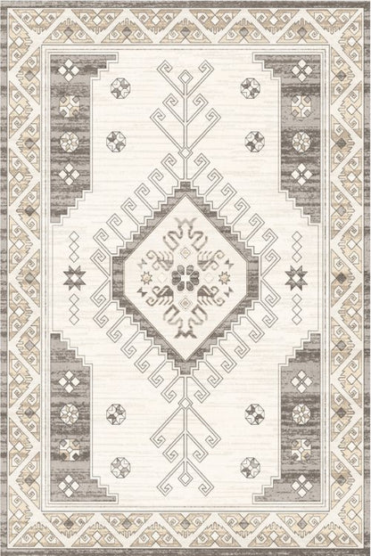 This neutral-toned carpet with a striking geometric design adds character and warmth to any modern or rustic space.