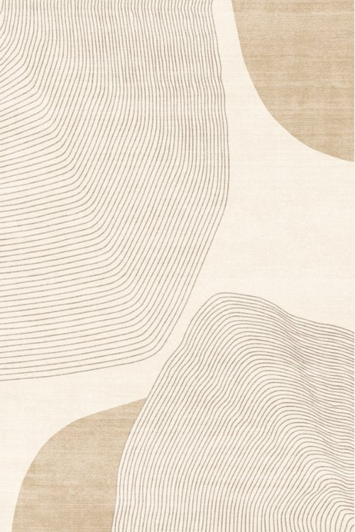 A beige rug with abstract, curved shapes creating a minimalist and modern aesthetic for sophisticated interiors.