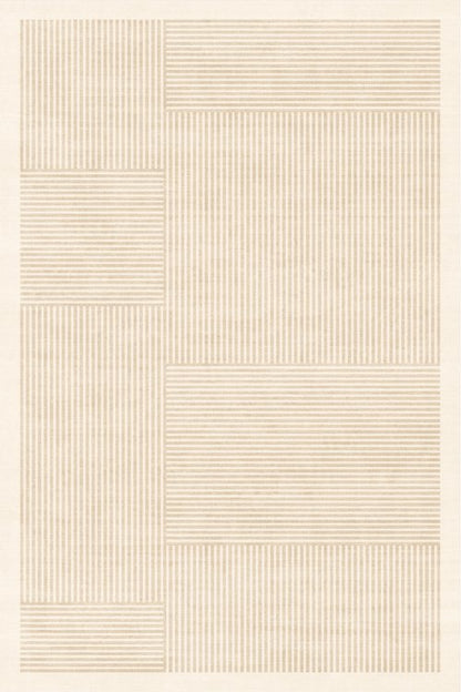 A beige carpet featuring a grid design with stripes and solid sections, adding a subtle yet modern touch to any room decor.