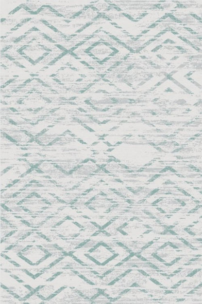 This grey carpet with a green geometric design enhances your space with subtle patterns and adds a modern touch to any room